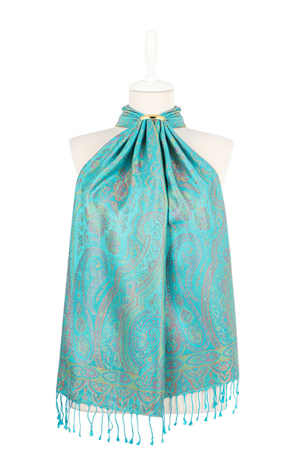 Turquoise Yellow Jamawar Woven Silk Scarf