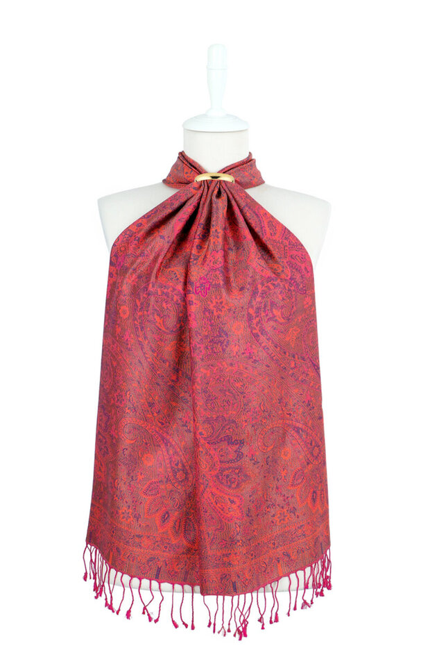 Fuchsia Orange Jamawar Woven Silk Scarf