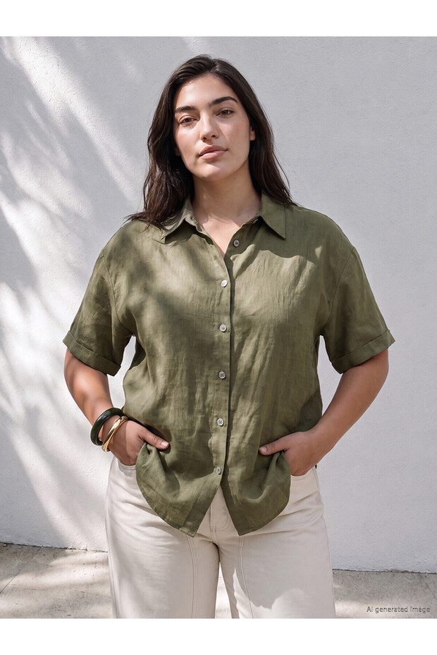 Lcw Petite Khaki Linen Blend Women's Shirt