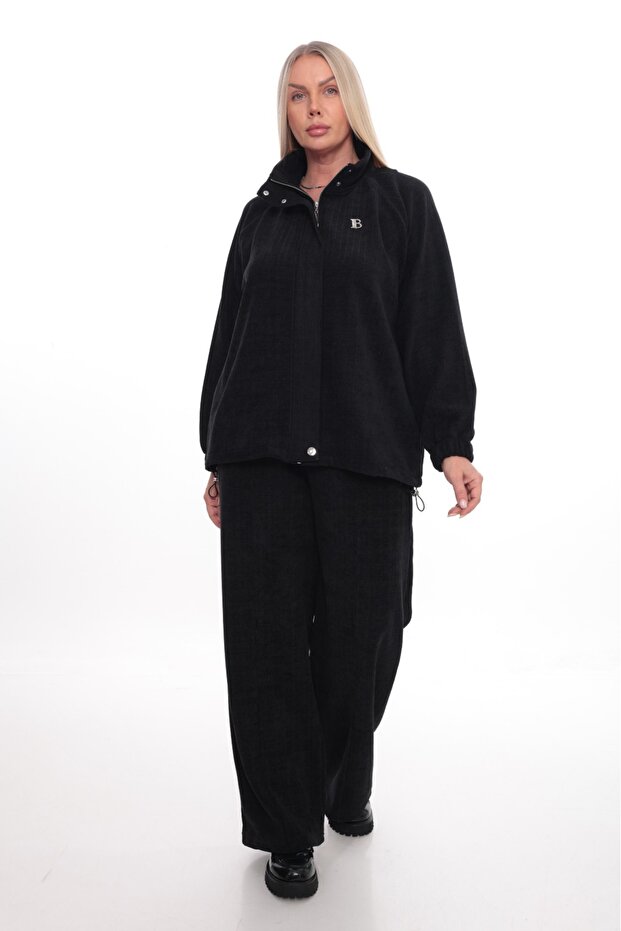 High Collar, Letter B Detail, Zipper and Snap Fasteners, Adjustable Waist, Elastic Corduroy, Plus Size Tracksuit Set