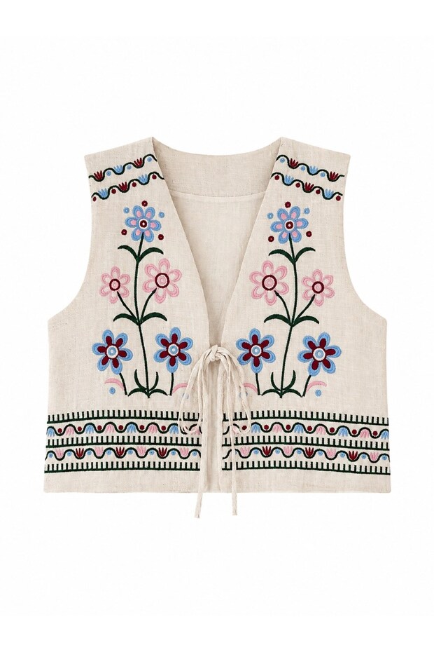 Elara Embroidered Tie-Up Vest Women's Cream - Blue