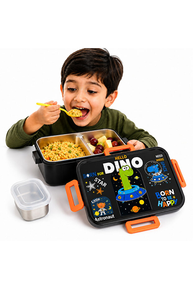 Cartoon Print Bento Lunch Box Stainless Steel Tiffin Box with Partition, Leakproof Square Buckle Design 600ml Container + 100ml Steel Bowl