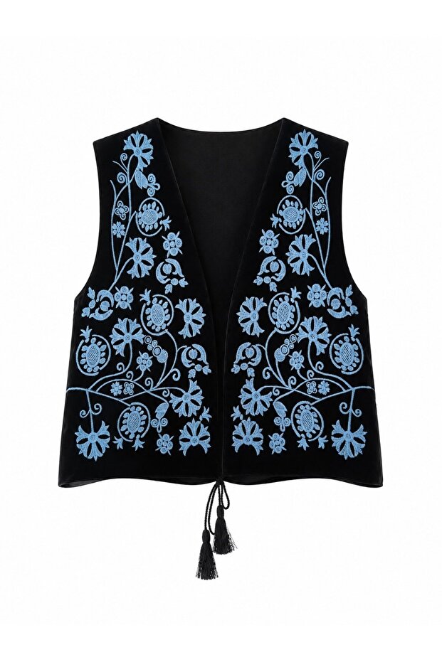 Elara Embroidered Tie-Up Vest Women's Black - Blue