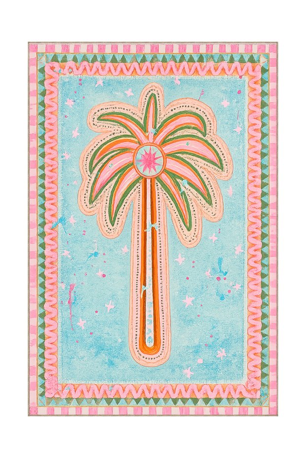 Dora Pink Blue Palm Patterned Modern Woven Base Decorative Carpet Sdtamour4065