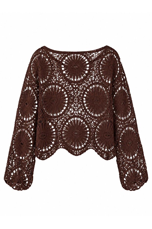 Mabel Mandala Motif Openwork Crochet Sweater Women's Brown