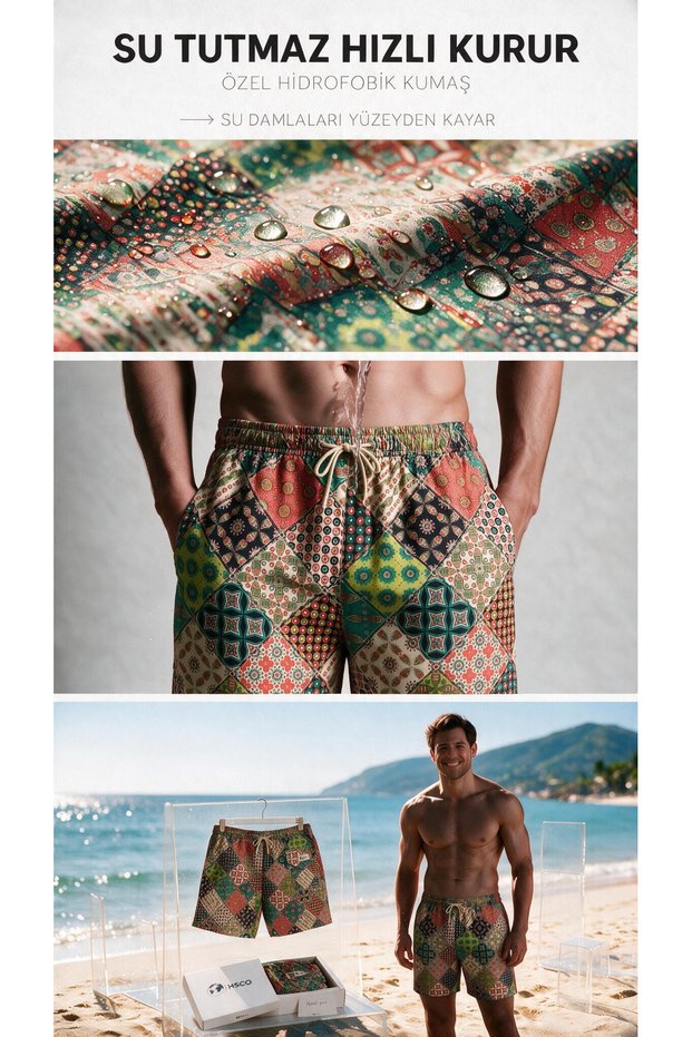 Kaleo Mosaic Pattern Mesh Pocket Swimsuit Regular Fit Men's Swim Shorts Green-Orange-White Elastic Waist Pool Shorts