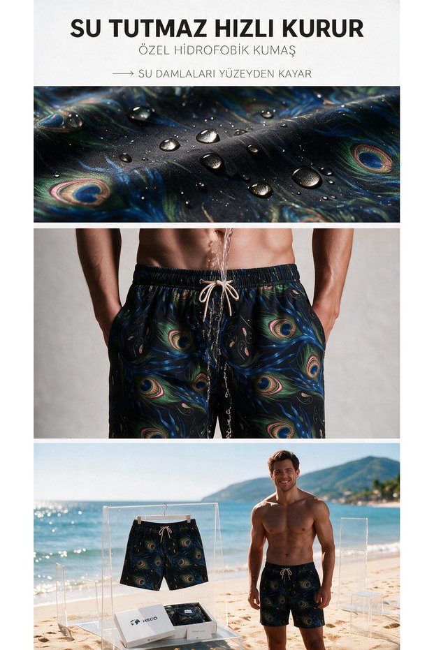 Peacock Pattern Mesh Pocket Swimsuit Regular Fit Men's Swim Shorts Black-Green-Blue Elastic Waist Pool Shorts
