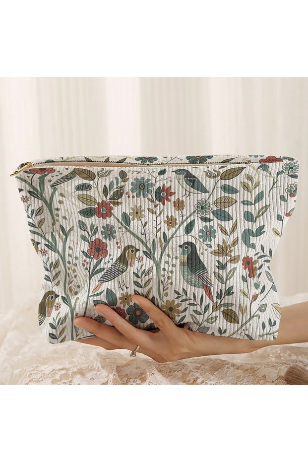 bird-2 1pc, Branch Bird Pattern Corduroy Zipper Makeup Bag, Lightweight and Multifunctional Cosmetic