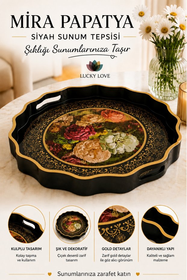 Mira Papatya Black Presentation Tray 38 cm Gold Detailed Floral Patterned Serving Tray with Handles