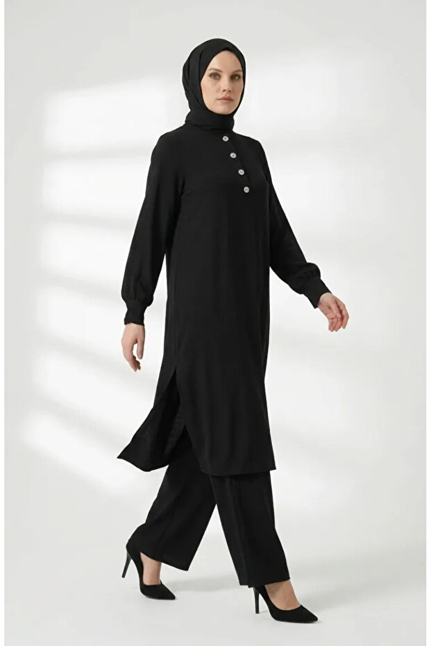 Aerobin Fabric Button Detailed Hijab Double Set 4150-05 Black