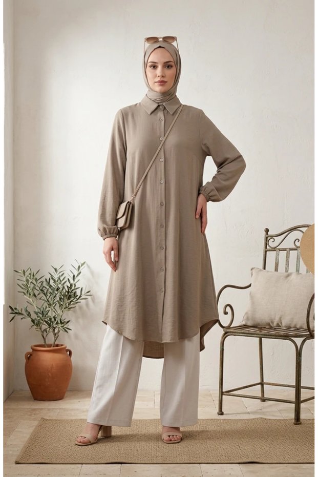 Buttoned Muslin Shirt Long Tunic 0362-04 Soil Color