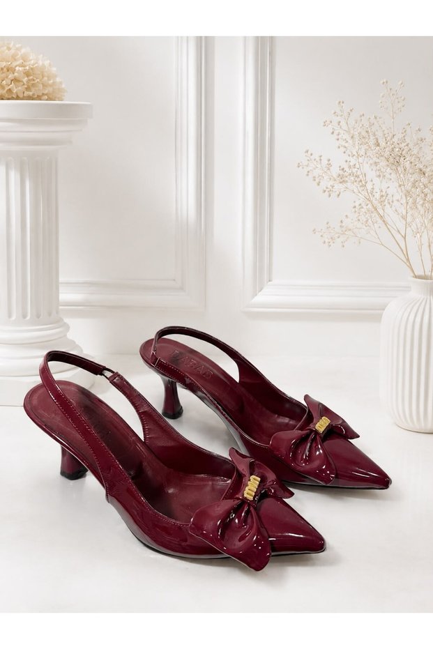 Kamila Women's Burgundy Bow Detailed Patent Leather Pointed Toe Slingback 7 cm Thin Heeled Shoes