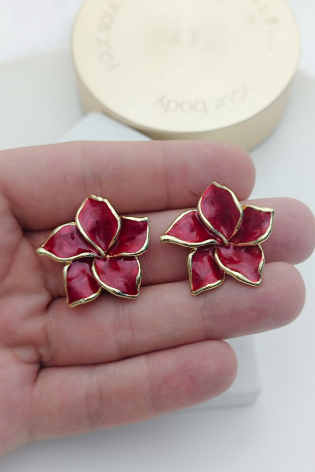 Red Pearlescent Daffodil Flower Gold Women's Earrings (3cm)