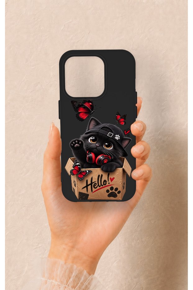 iPhone 15 Pro Compatible Hello Cat Patterned Silicone Case