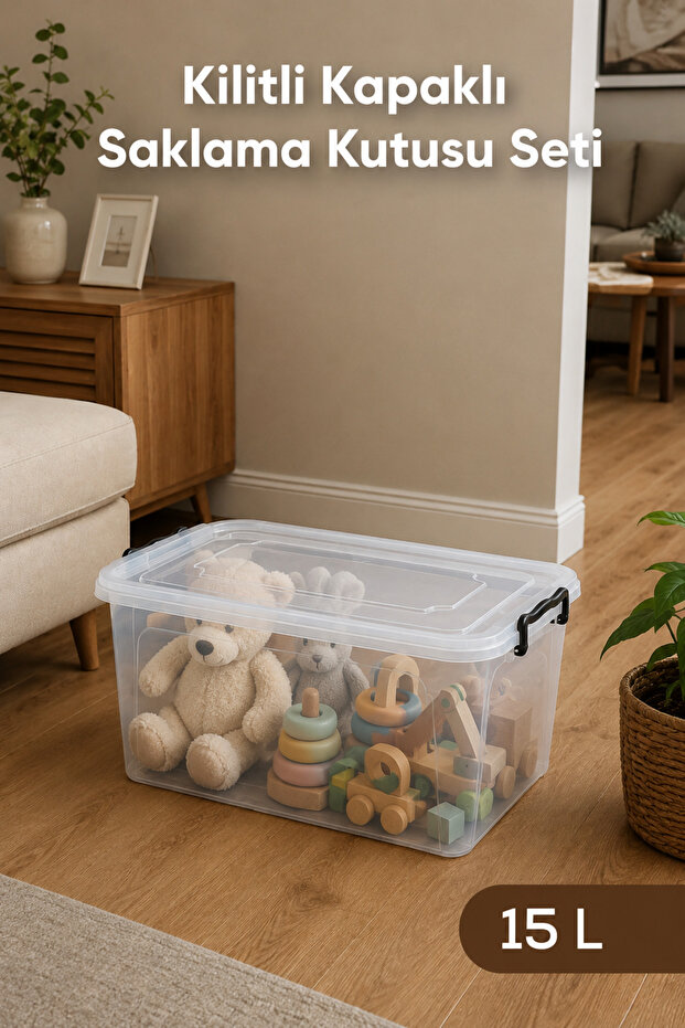 15 Liter Transparent Toy Box, Lockable Lid, Kids' Room Organizer, Stationery Organizer