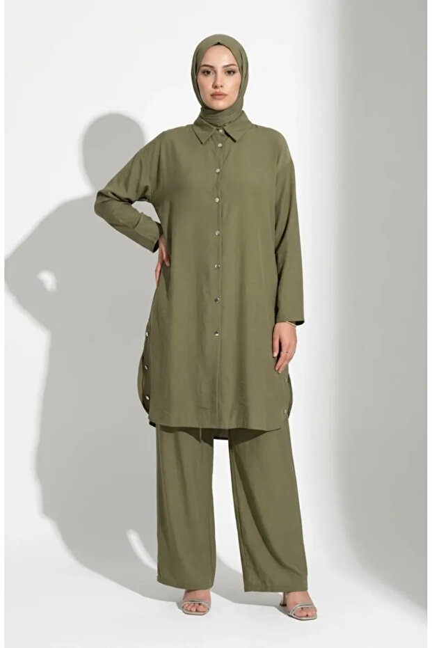 Shirt Collar Buttoned Hijab Double Set 2303-03 Khaki