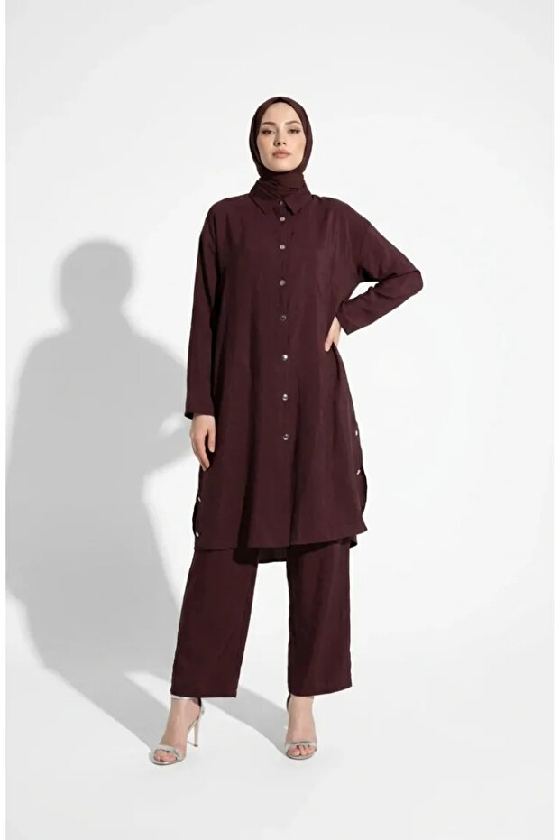 Shirt Collar Buttoned Hijab Double Set 2303-04 Plum