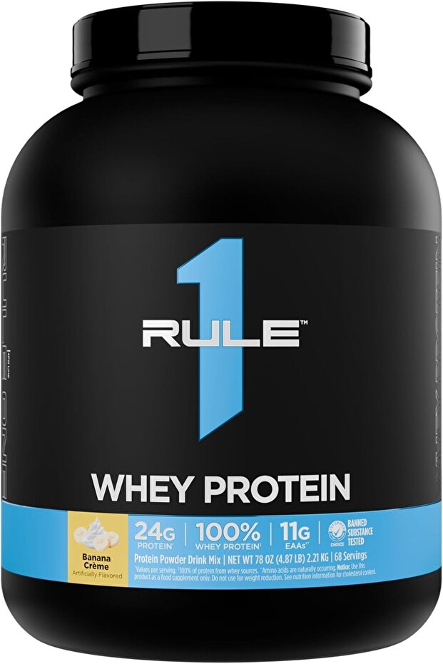 Rule1 Whey Protein, Banana Cream Flavour, 5lbs - 24g of fast-acting protein from purely whey sources with natural EAA and BCAAs for workout recovery or for use at any time