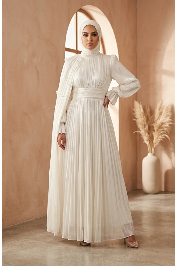 Pleated Chiffon Hijab Evening Dress 6395-06 White