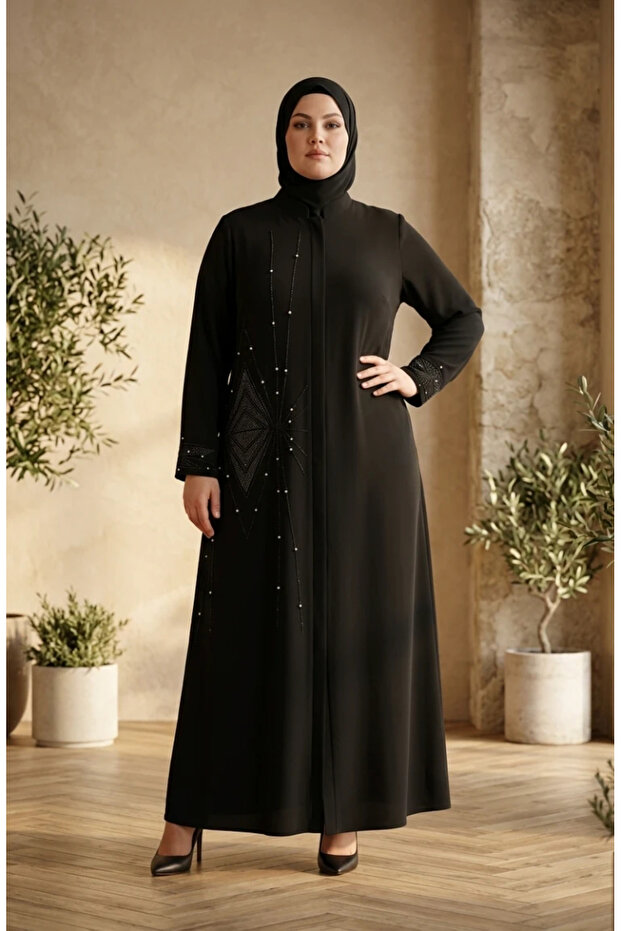Large Size Hidden Zipper Stone Embroidered Robe 6388-01 Black