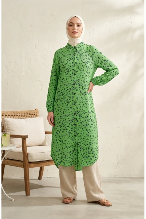 Shirt Collar Buttoned Daisy Patterned Tunic 0355-01 Green