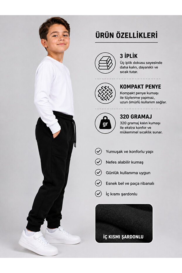 Winter Fleece-Lined 3-Thread Pocketed Sweatpants for Girls and Boys with Fleece Inside