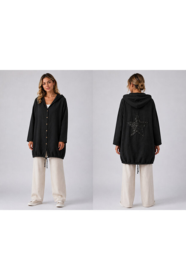 Linen Jacket with Star on the Back, Hood, Height 90 Cm, Chest Measurement Double-Sided 135cm