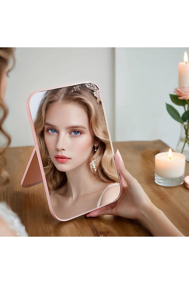 8-Inch Desktop Makeup Mirror - Portable Dual-Purpose Square Mirror in Pink for Table, Desk, and Wall Hanging