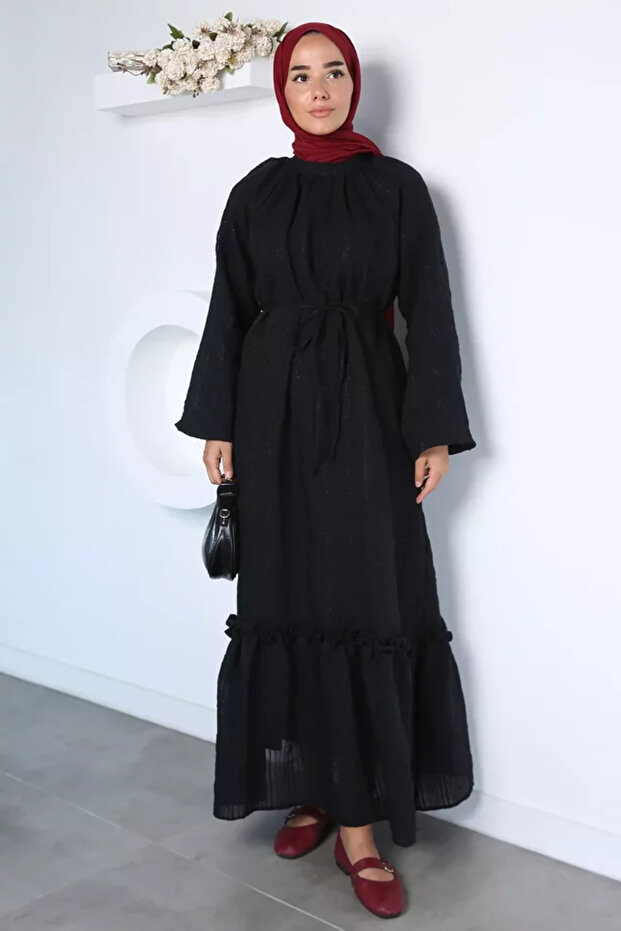 Self-patterned waist-tied hijab dress