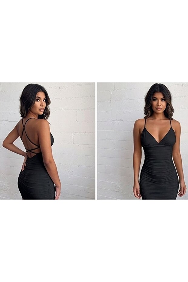 Thin Straps Triangle Chest Back V-Neck Cross-Tied Side and Back Gathered Dress