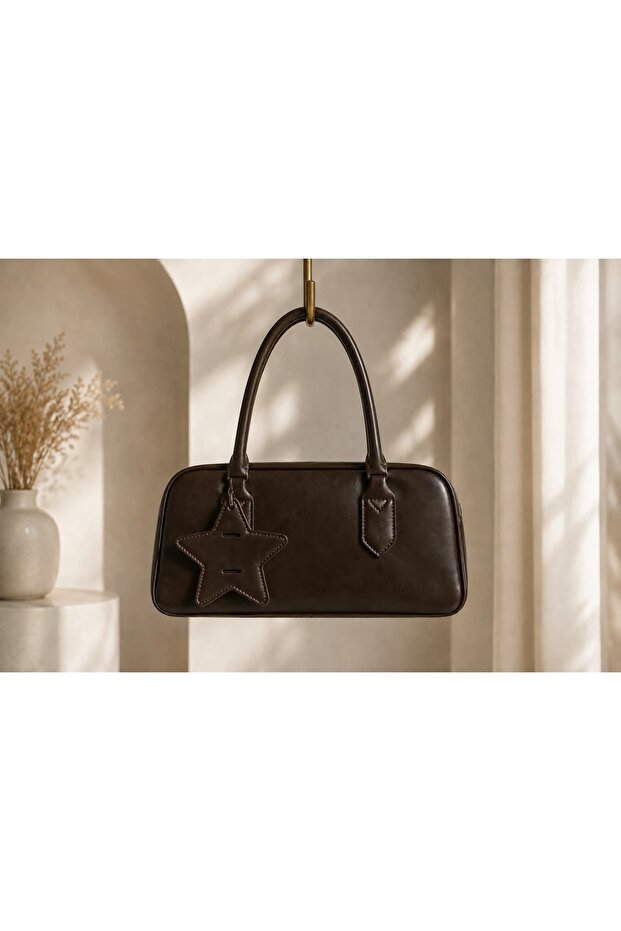 Women's Star Decorated Faux Leather Single Compartment Baguette Hand and Shoulder Bag
