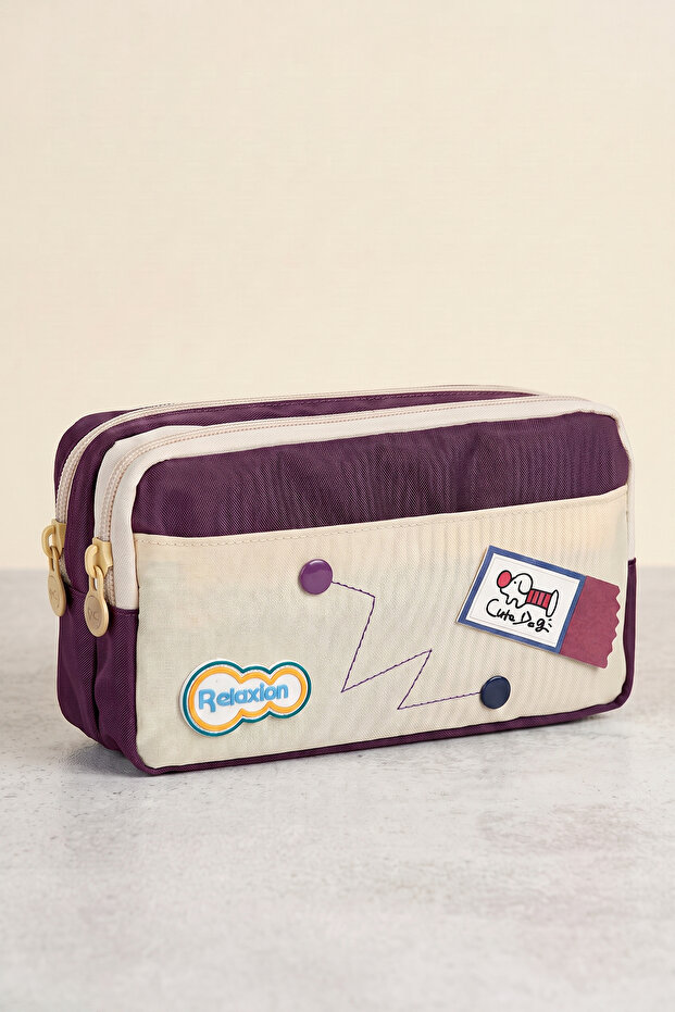 Relaxion Arma Detailed Double Zippered Multi-Compartment Purple Pen Holder