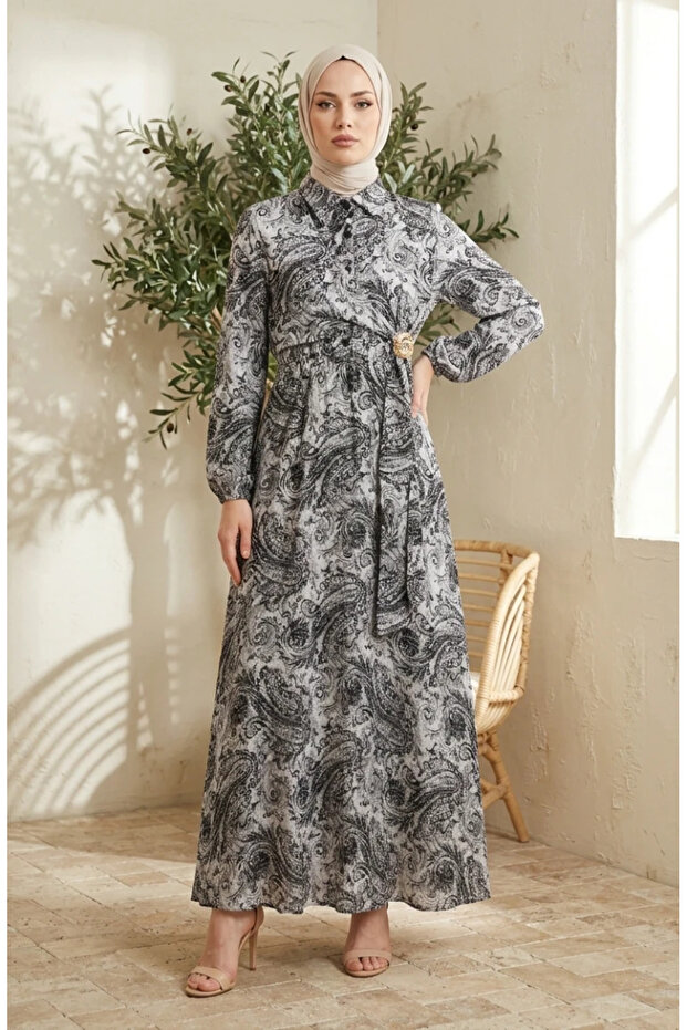 Shawl Patterned Buttoned Elastic Waist Hijab Dress 0357-03 Anthracite