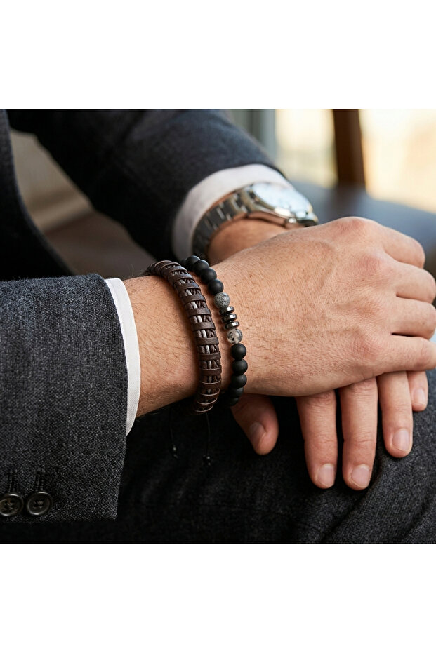 2-Piece Combination Men's Bracelet Set, Brown Braided Leather and Natural Stone Jewelry