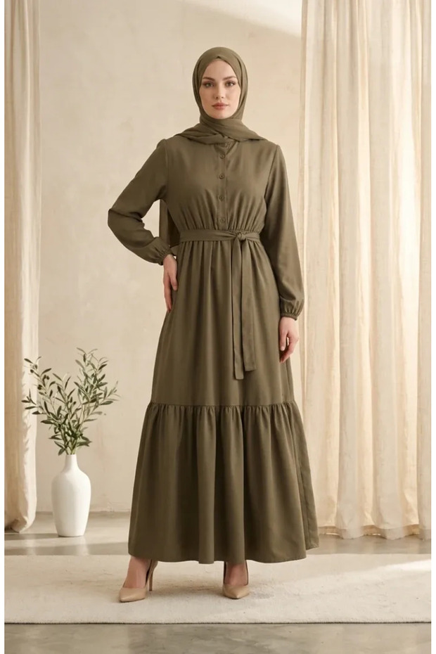 Buttoned Viscose Crepe Hijab Dress with Elastic Waist 0353-02 Khaki