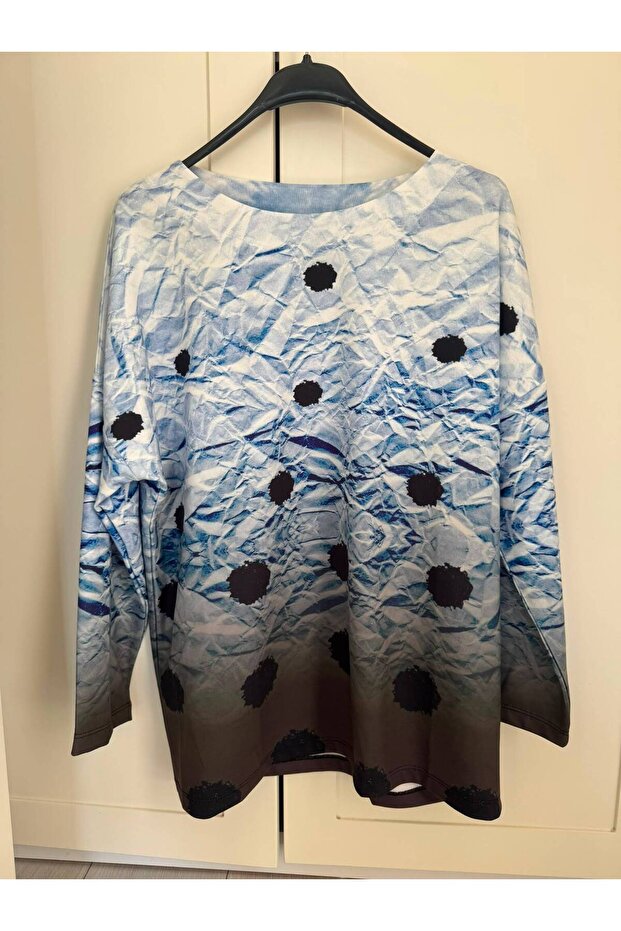 Women's Plus Size Blue Crinkled Patterned Spotted Oversize Long Sleeve Sweat Shirt