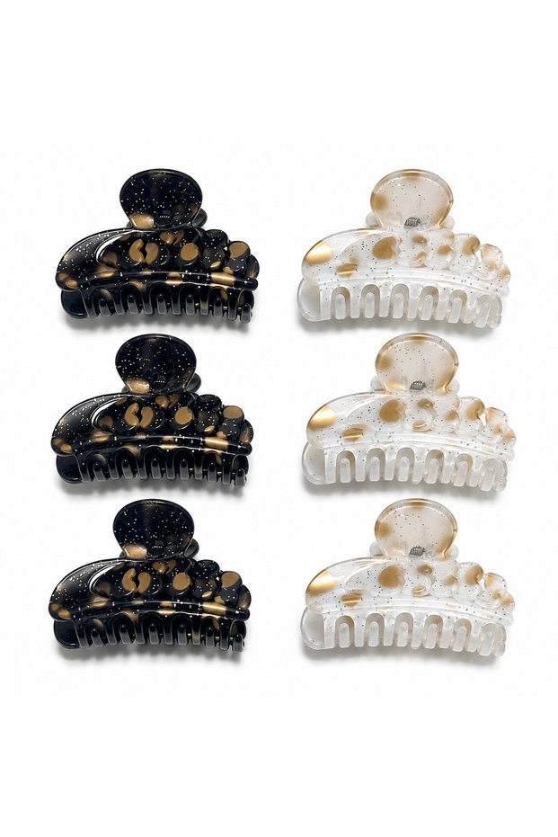 Women's Large Size Latch Buckle Set of 6 – Black & Transparent Gold Patterned Hair Clips