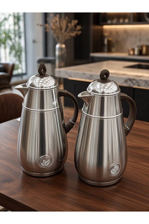 طقم ترامس فضي مطفي على خشبي 1لتر حافط للحرار 8-12