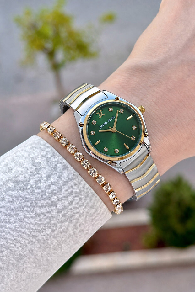 Women's Wristwatch with Green Dial, Gold Gray Color Band, 30 Mm, Same as Pictured