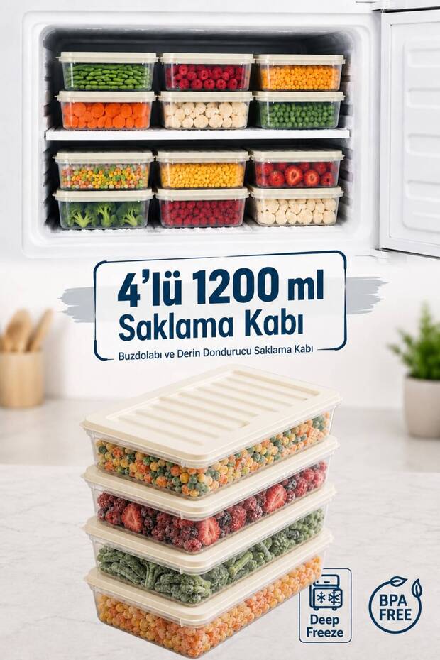 Set of 4 Freshbox Storage Containers Suitable for Microwave and Refrigerator - Refrigerator Organizer 1200 ml