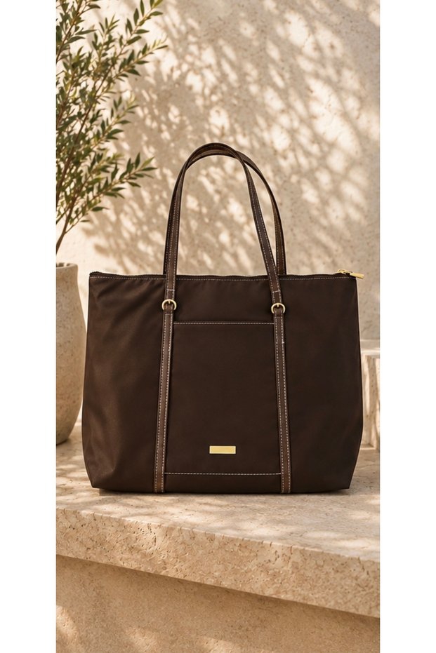 Large Brown Zippered Handle Detailed Shoulder Bag