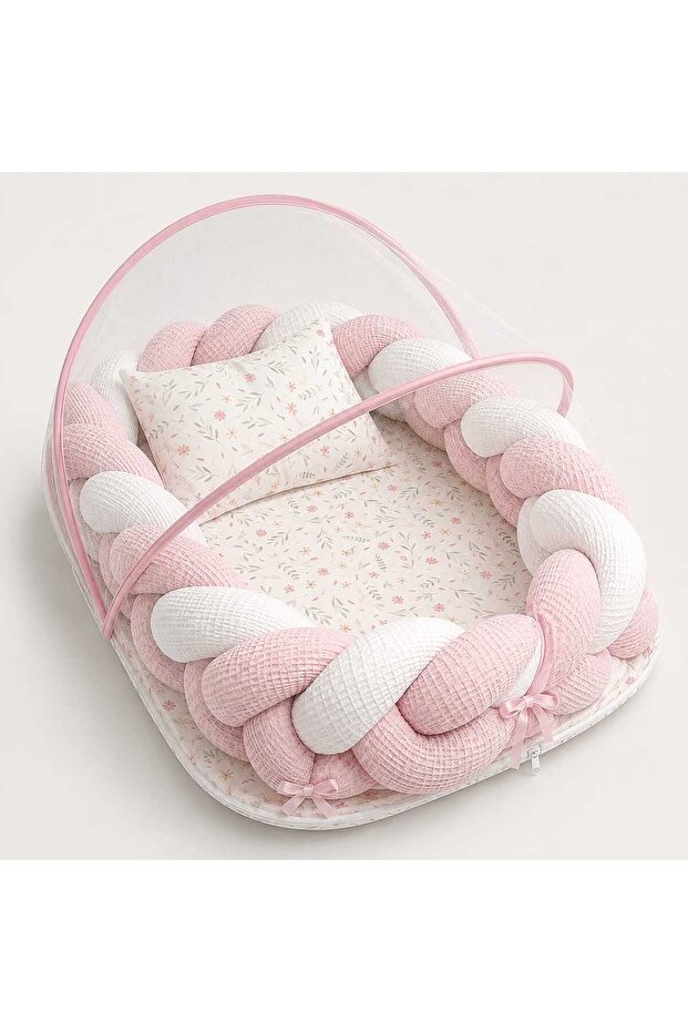 Cotton and Pique Fabric Knitted Baby Bed – with Zippered Mosquito Net, Removable Knitted Cover 60X80 cm