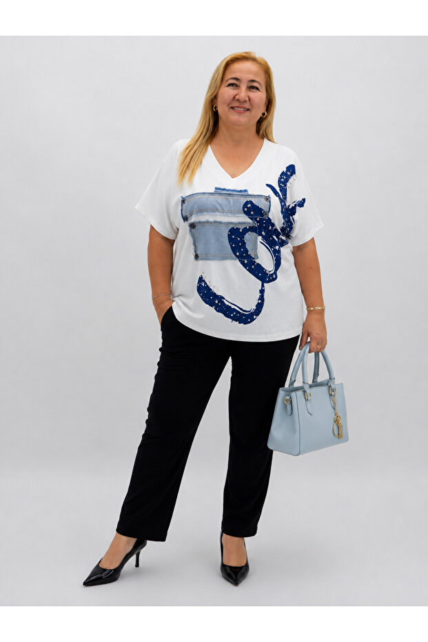 Plus Size V-Neck Denim Applique Stone Embroidered Printed Women's Blouse
