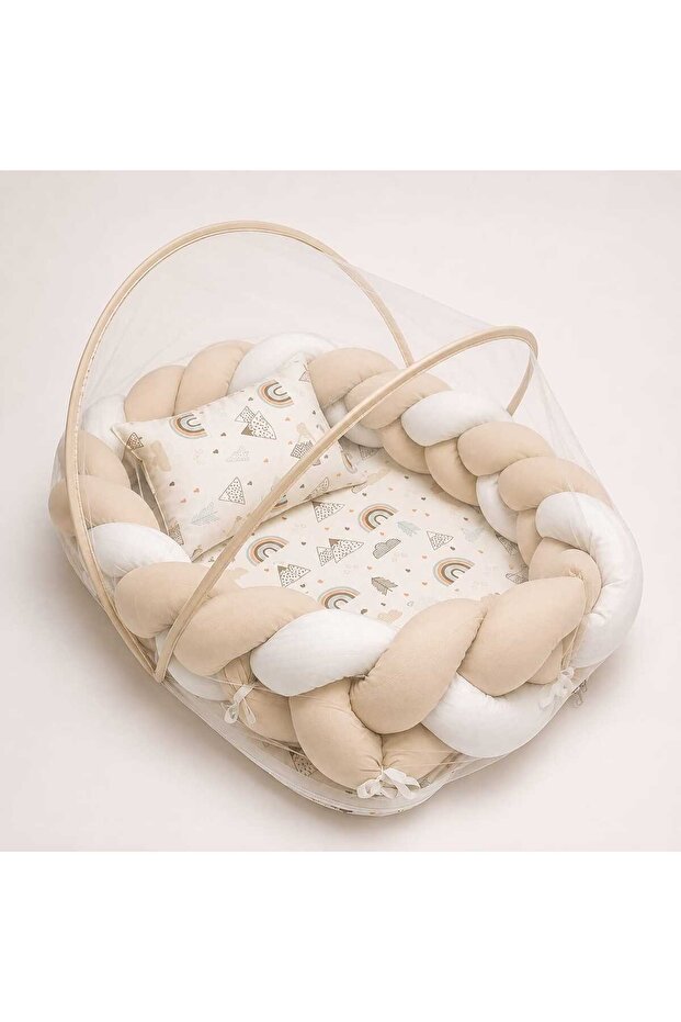 Cotton Fabric Knitted Baby Bed – with Zippered Mosquito Net, Removable Knitted Cover 60X80 cm