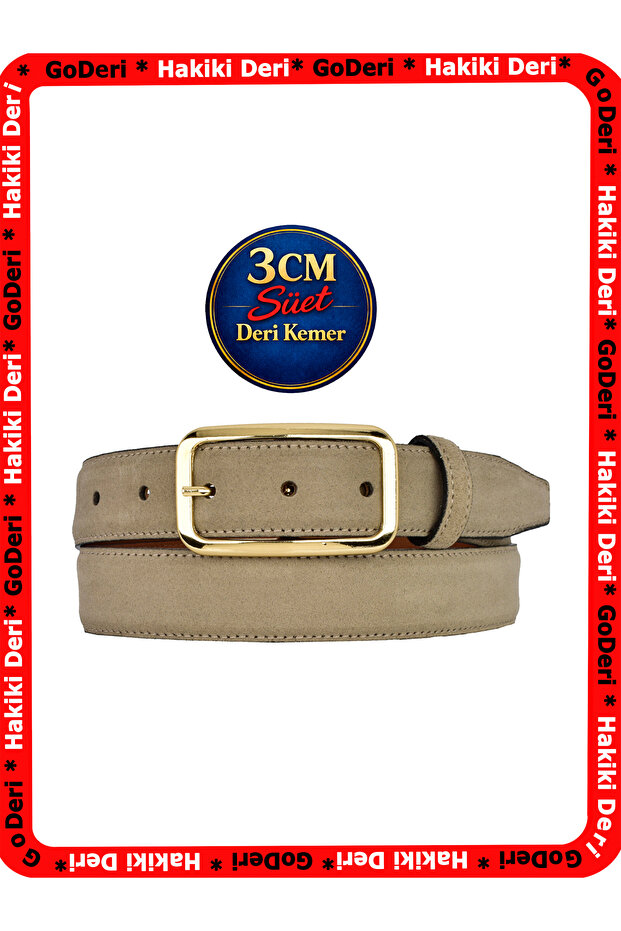 Genuine Leather, 3 cm Gold Color Rectangular Buckle, Light Milk Coffee Suede, Stitched Classic Women's Belt, 3Cmkla50