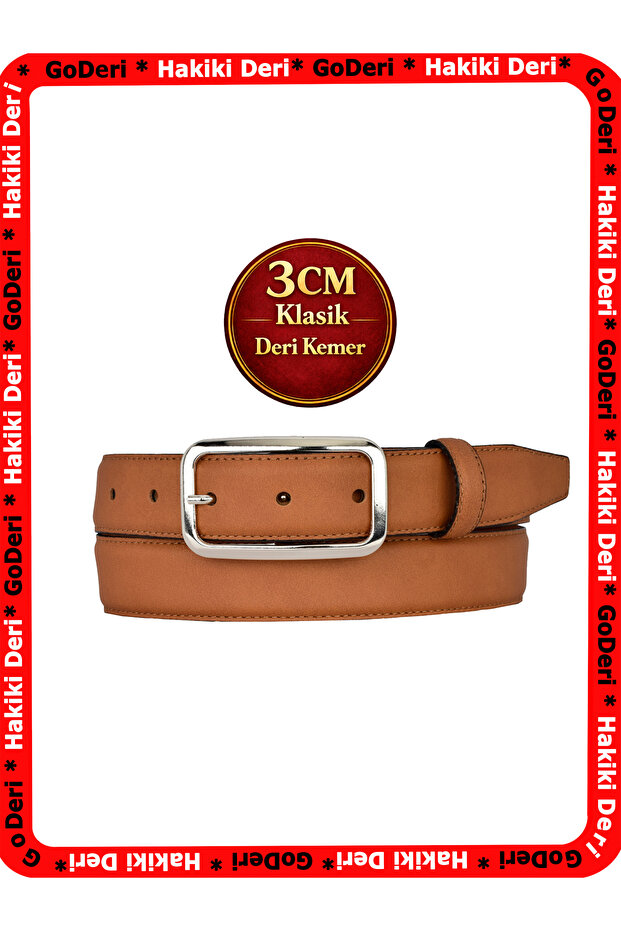 Genuine Leather, 3 cm Silver Color Rectangular Buckle, Nubuck Tan, Stitched Classic Women's Belt, 3Cmkla50