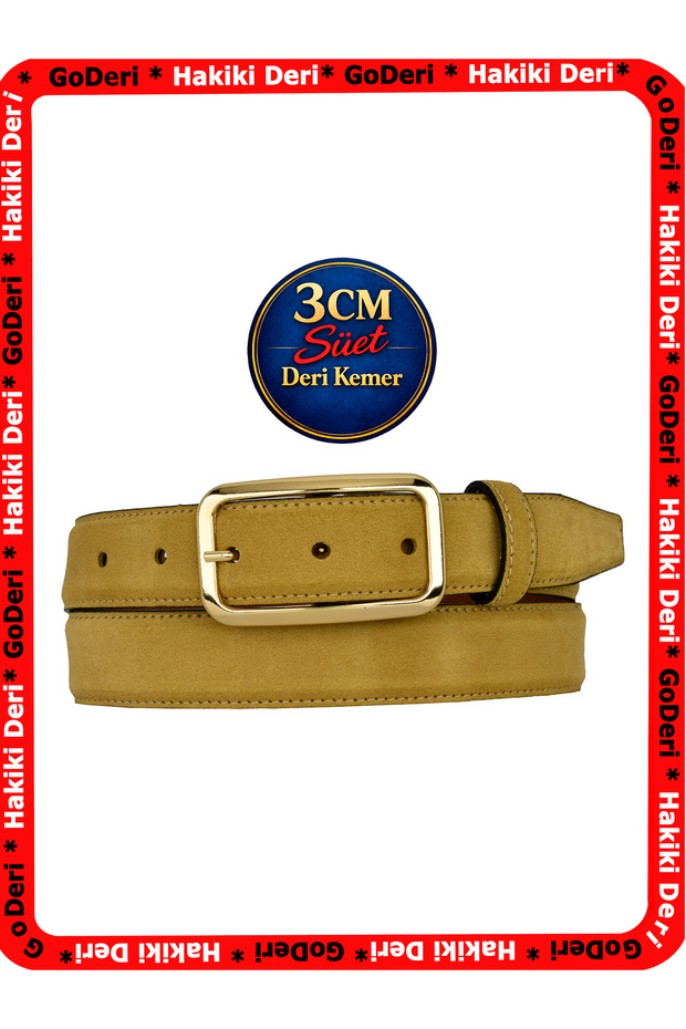 Genuine Leather, 3 cm Gold Color Rectangular Buckle, Mustard Suede, Stitched Classic Women's Belt, 3Cmkla50