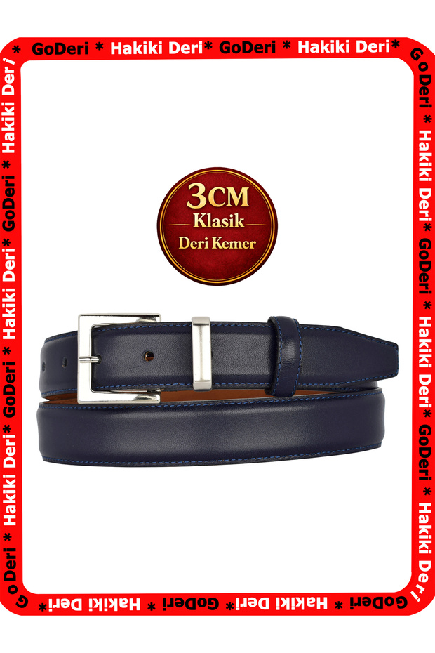 Genuine Leather, 3 cm Silver Color Buckle, Navy Blue, Stitched Classic Women's Belt, 3Cmkla48