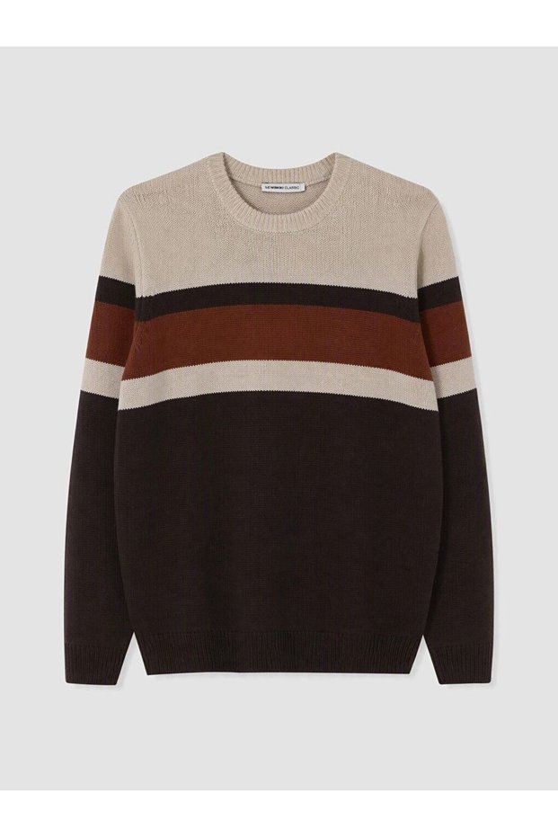 Lcwaikiki Classic Brown Crew Neck Striped Men's Knitwear Sweater