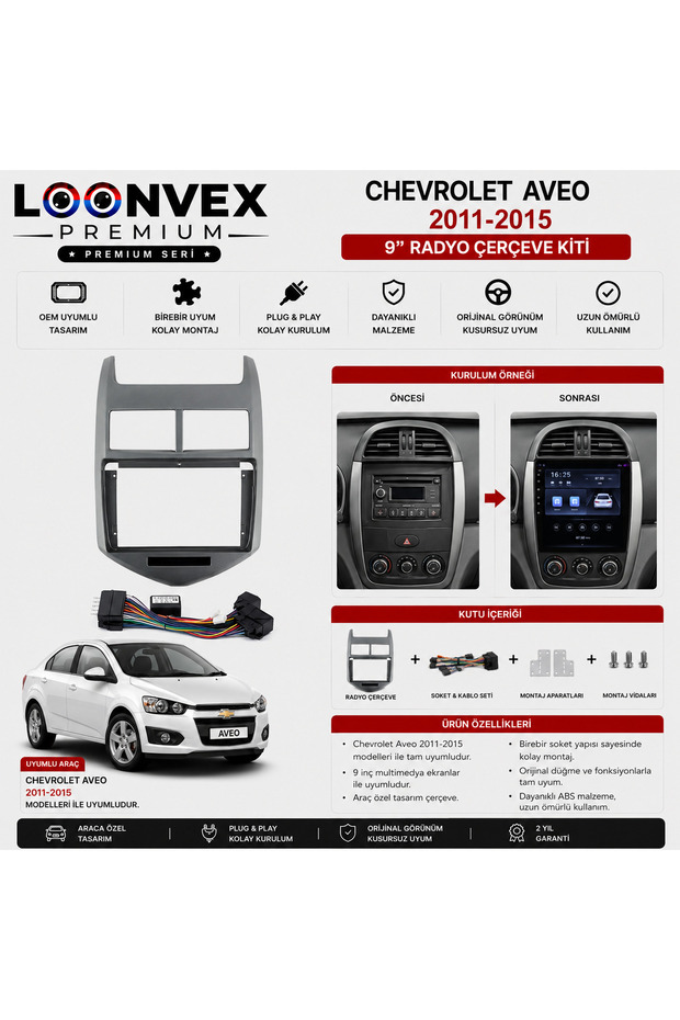 Chevrolet Aveo 2011-2015 9 Inch Multimedia Frame + Socket Set Oem Compatible